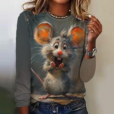 Осенняя женская одежда с длинными рукавами и забавными животными, хип-хоп футболка с круглым вырезом, свободные футболки большого размера, новый пуловер 2024 года