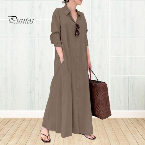 Женское весеннее платье с отложным воротником, свободное однобортное однобортное платье с длинными рукавами и карманами на пуговицах, тип рубашки до щиколотки, осеннее повседневное платье макси