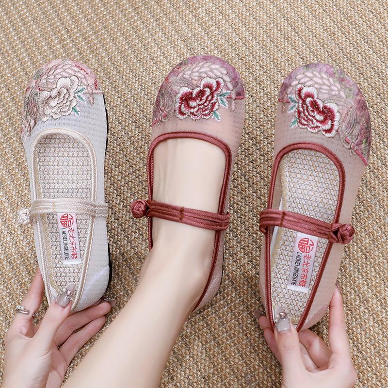 Summer Women's Mesh Shoes Mesh Yarn Breathable Ancient Hanfu Shoes Women's Sandals Old Beijing Cloth Shoes Women's Ethnic Style Embroidered Shoes