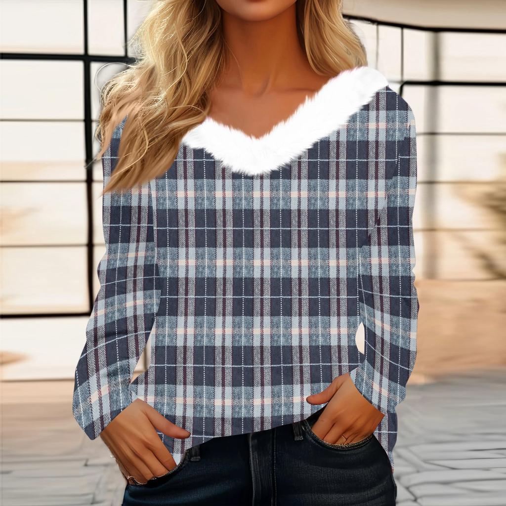 Women's Fashion Long Sleeve Plaid Print Fleece Collar V-Neck Top