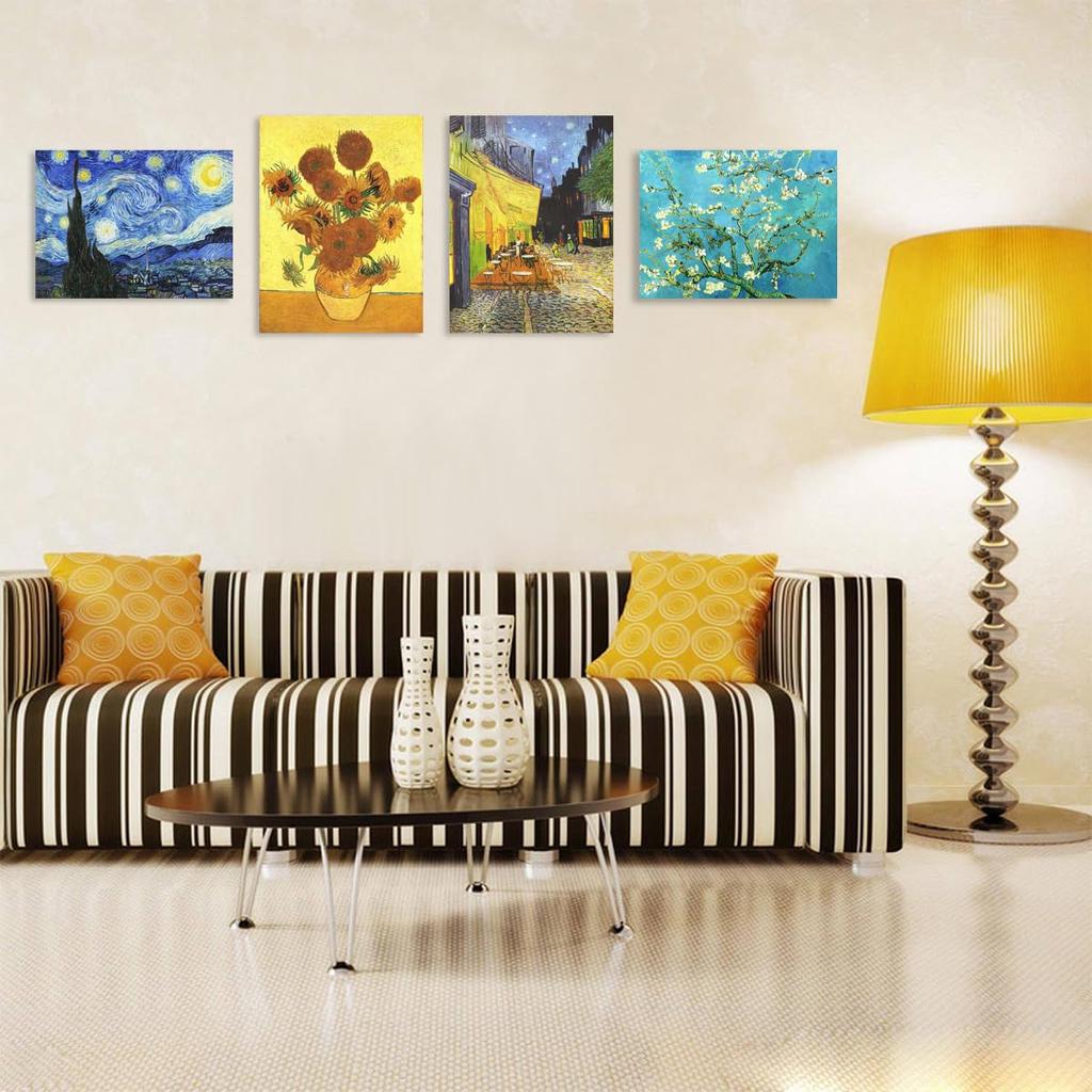 Fokenzary Coloring Book DIY Cafe Starry Sky Sunflower Apricot Blossom Van Gogh Canvas with Easel and Acrylic Framed x 4 Paint-by-Number Paints,
