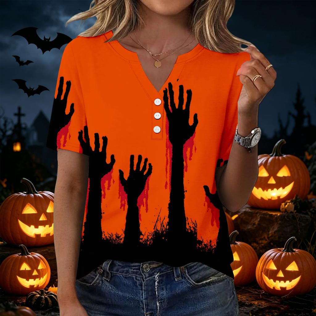 Women Casual Halloween Print V Neck Short Sleeve Button Decor T Shirt Top Lightweight Comfortable Fashionable Design