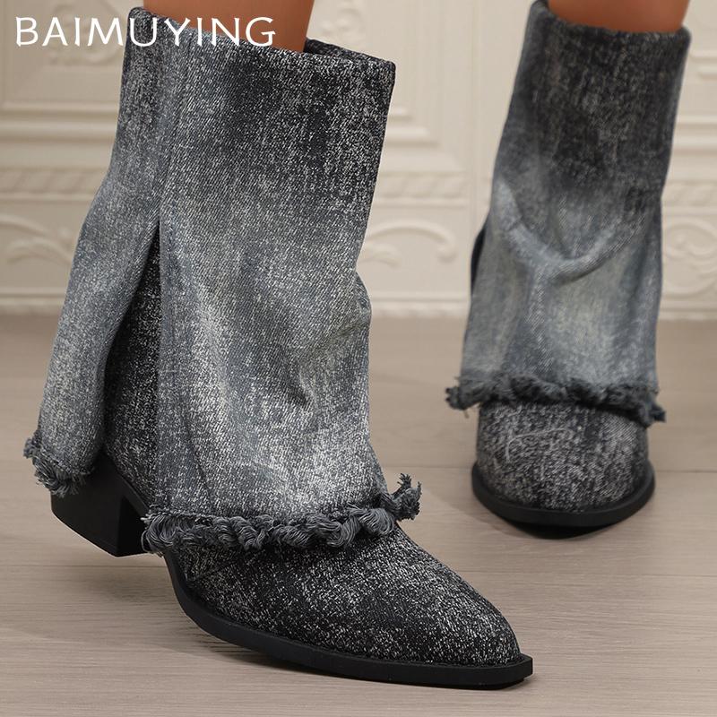 Ковбойские массивные женские ботильоны с острым носком, дизайнерские туфли на среднем каблуке 2025 года, трендовая зимняя мода, новые туфли-лодочки в готическом стиле Botas De Mujer