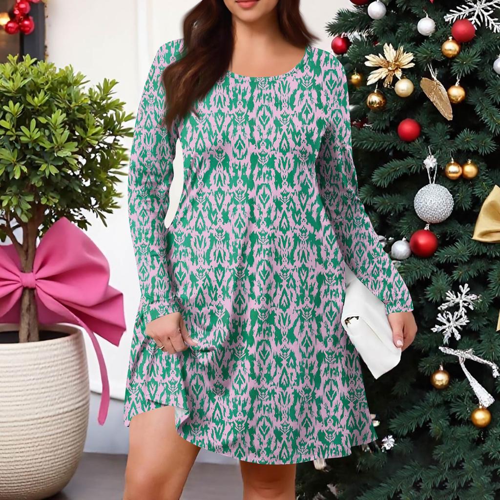 Plus Size Women's Gradient Print Casual Spring/Autumn Pocket Round Neck Long Sleeve Dress