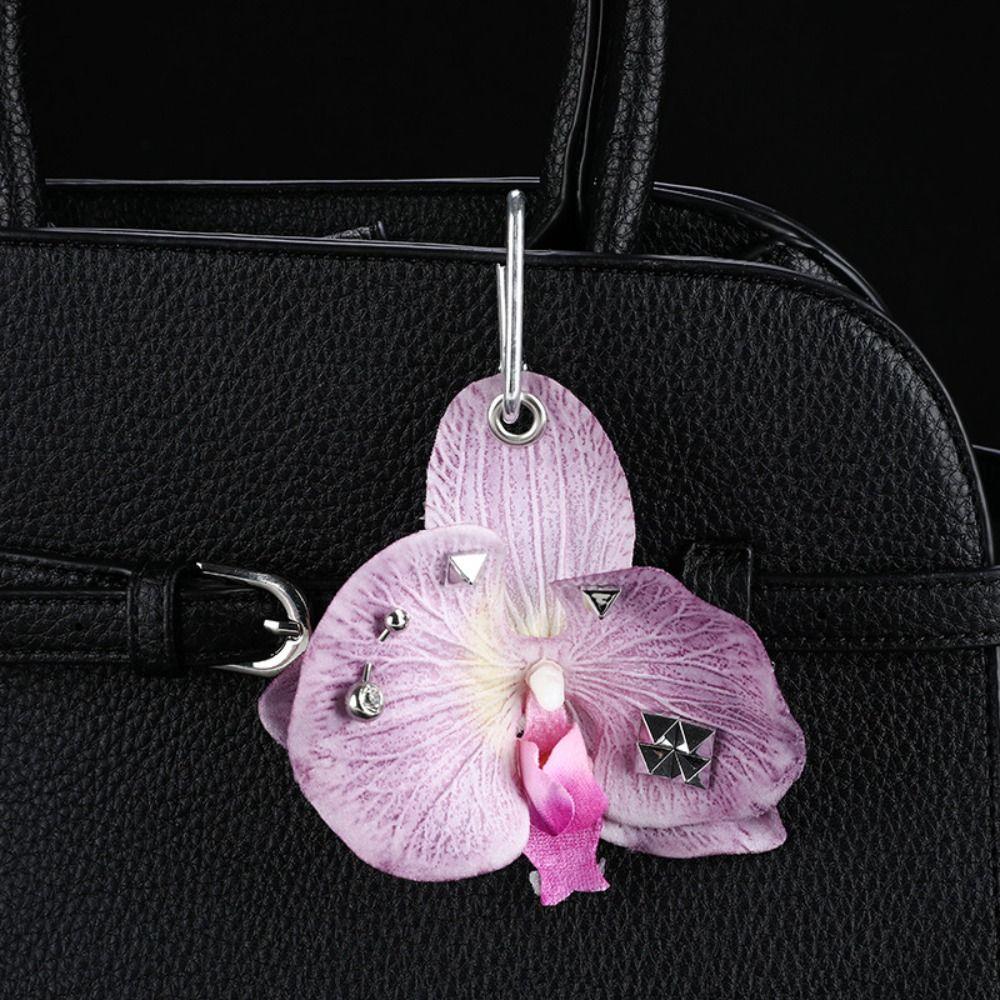 Leaves Phalaenopsis Orchid Keychain Puncture Rivet Bag Pendant  Women Girls