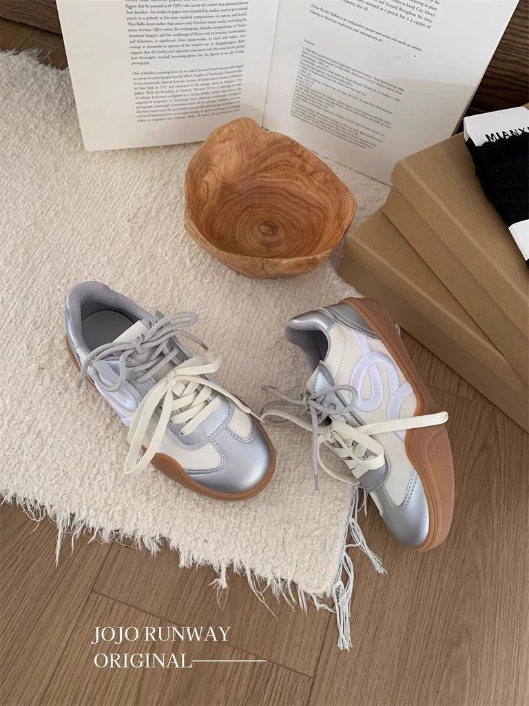 Корейские ретро-кеды на платформе из серебра, немецкие кроссовки, женская весна 2025, новые нишевые вышитые повседневные туфли Forrest Gump, кроссовки