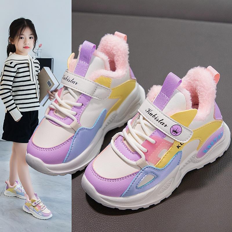 Спортивная обувь для девочек, новые зимние кроссовки с шерстяной подкладкой, для мальчиков начальной школы, хлопковая обувь для девочек, водонепроницаемая