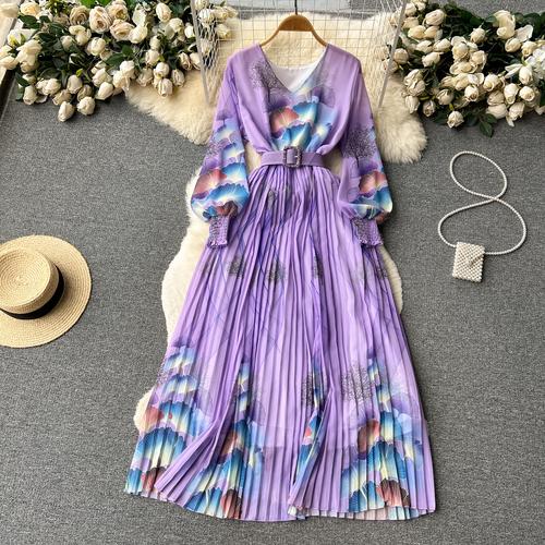 French Chic Dress for Women V-neck Plant Printed Lantern Sleeve Pleated Long Dresses Autumn Dress Female A-line