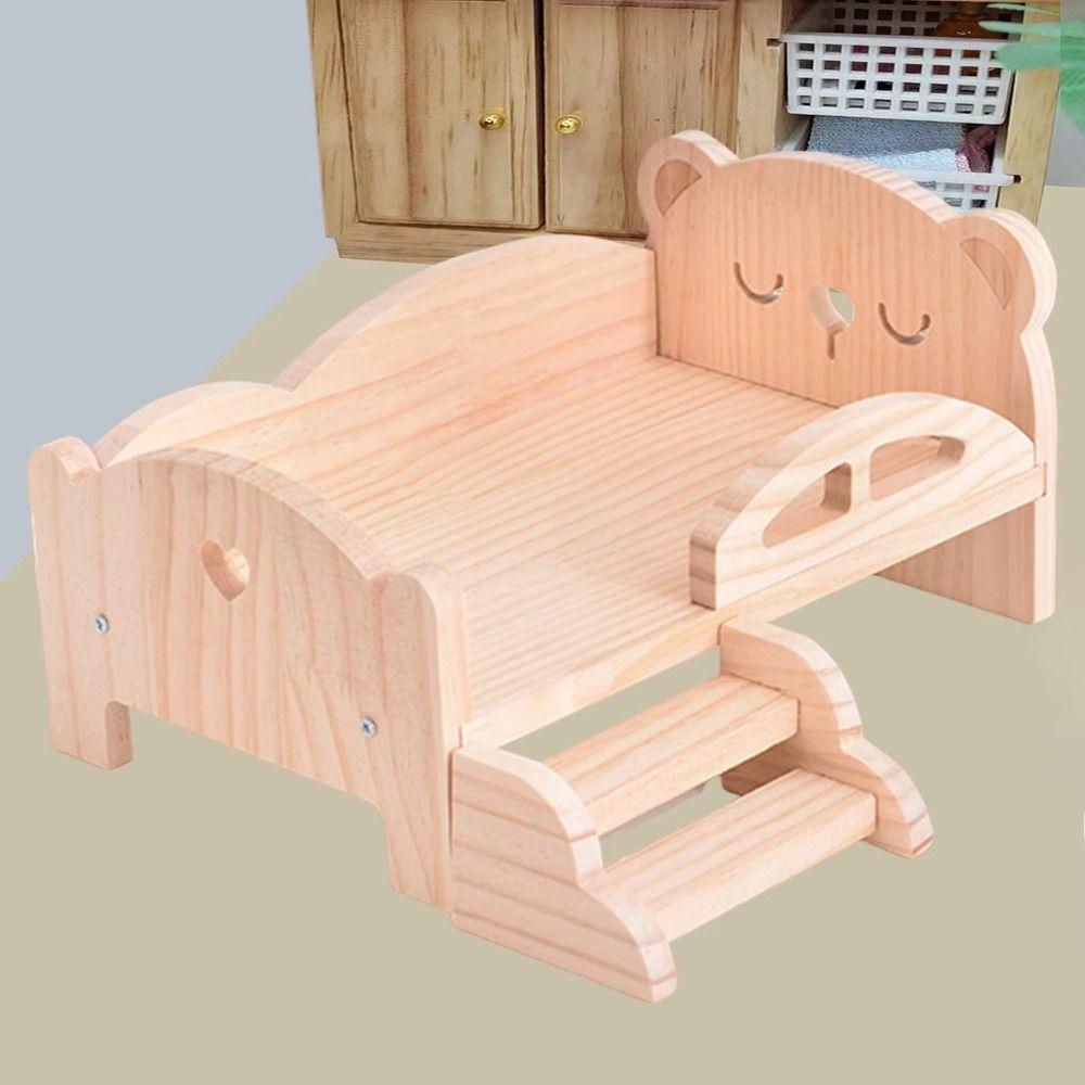 With Stairs Wooden Mini Bed Pig Rabbit Dollhouse Toy Bed Doll Miniature Bed  Photo Props