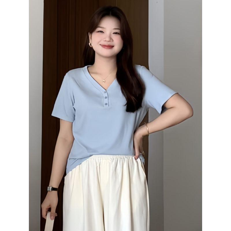 Plus-Size Slimming Summer Casual V-Neck Short-Sleeve T-Shirt for Slightly Chubby Women, Conceals Belly, Regular Shoulder Top 3602