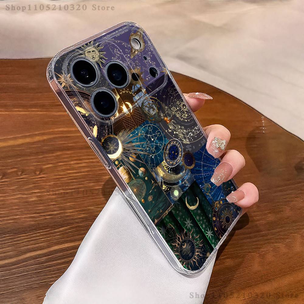 Эстетичный чехол для телефона с принтом Солнце и Луна для iPhone 17,16,15,14,13,12,11 Pro,Max,Plus,XR,Mini,E, прозрачный, с полным покрытием, мягкий