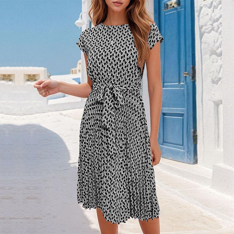 Summer Women's Dress Round Neck Elegant Fashion Printed Pleated Dresses