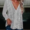 Pullover Large Size Neck Soft Shiny Sequin V Long Sleeve Loose Breathable Mid Length Solid Color Performance