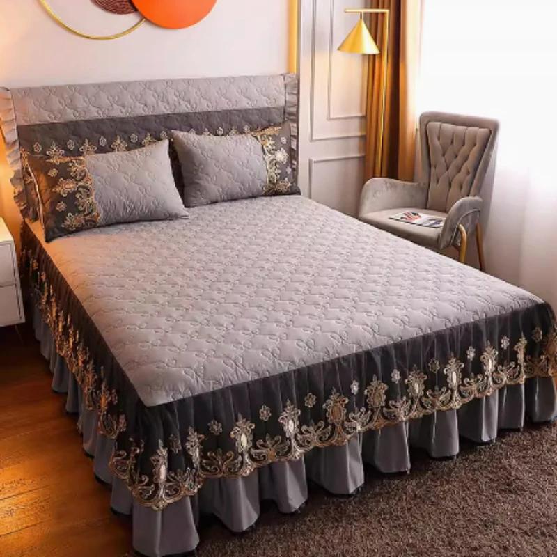 3-piece Bed Skirt Set Modern Minimalist Lace Bedspread Household Dustproof and Machine Washable Thickened Bed Covers