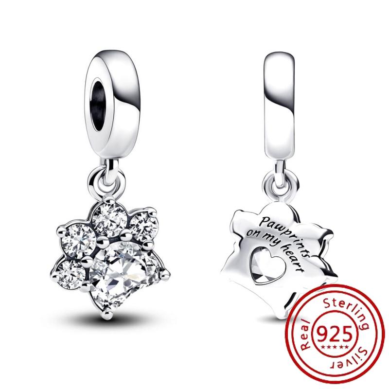 925 Стерлинговое серебро Медь Милые животные Подвеска с отпечатком лапы собаки Любовное сердце Бусины Подходят для оригинального браслета-шарма Pantaro DIY Изготовление из циркона