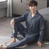 Мужской повседневный пижамный комплект в корейском стиле - легкий кардиган с длинными рукавами и брюки для использования в помещении или на улице