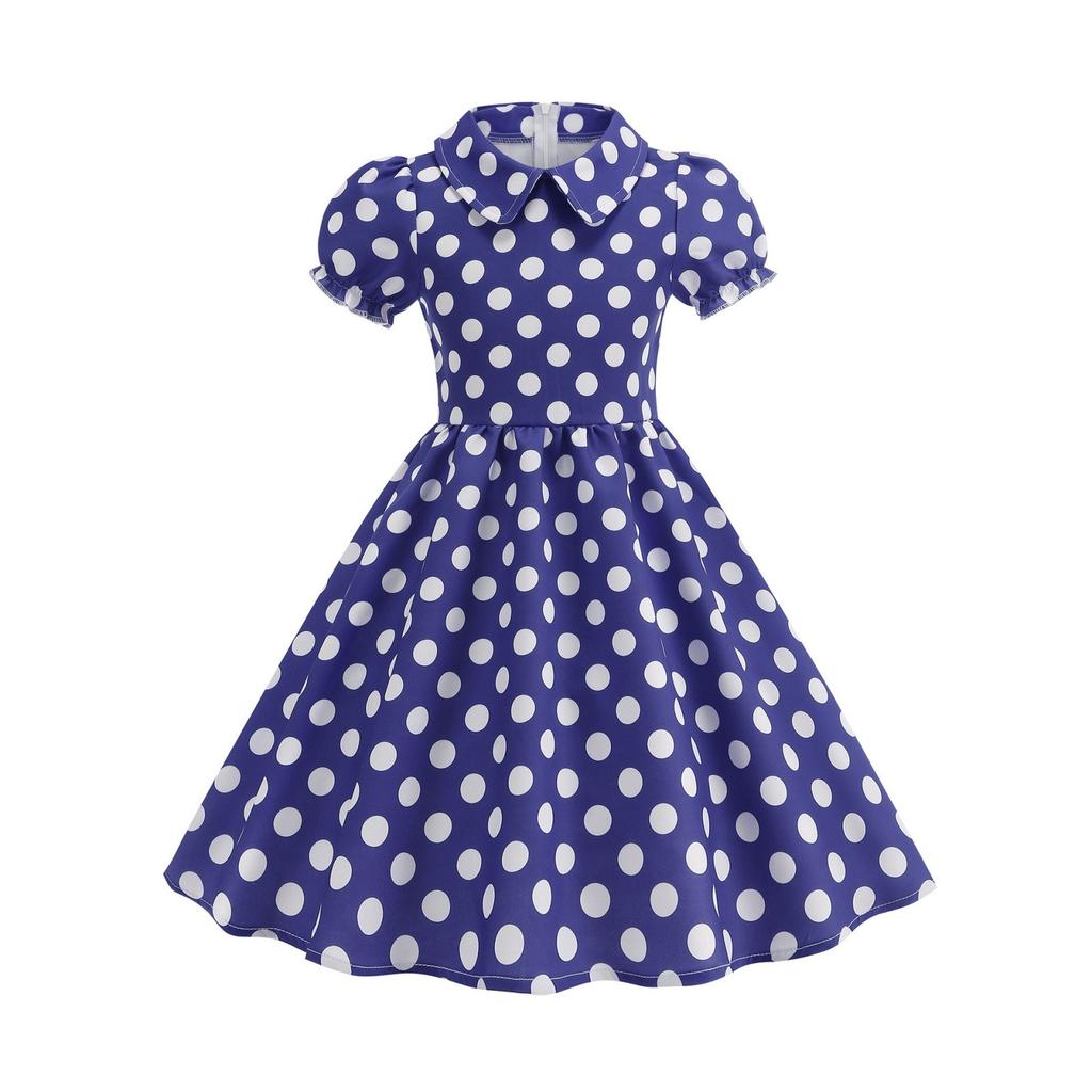 Fashion Children's Short-sleeved Polka Dot Dress With Baby Collar