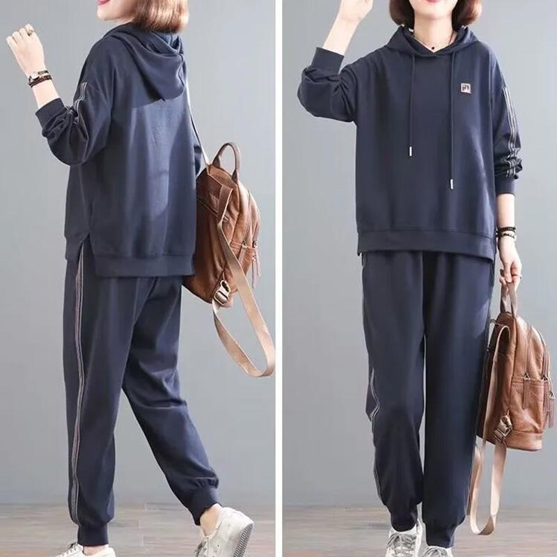 Женский костюм из 2 предметов, хлопковый свитшот, брюки, хлопковый свободный повседневный летний костюм из двух предметов, спортивный топ с капюшоном и брюки