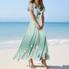 Women's Casual Fashion Print Long Dresses V-Neck Short Sleeve Dresses