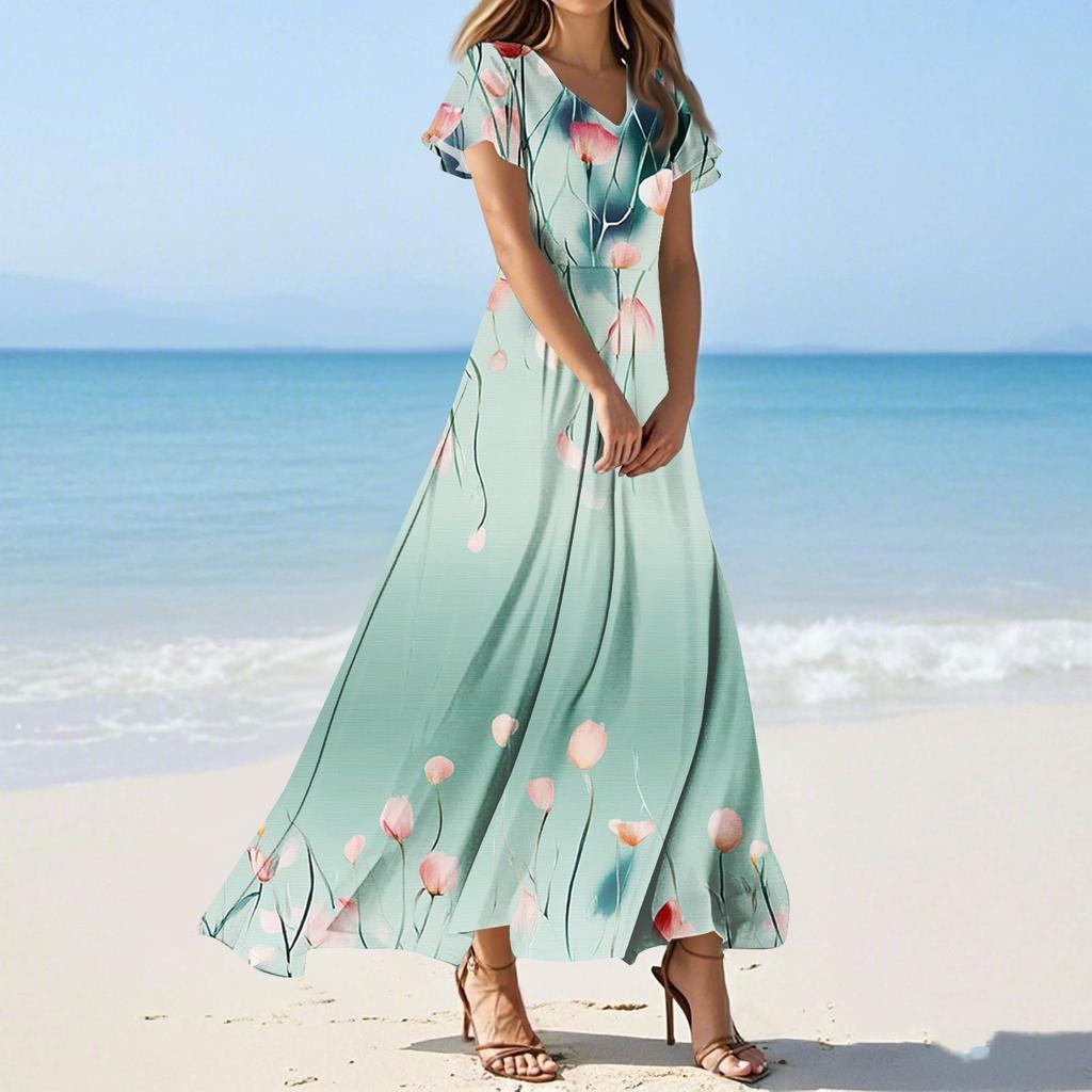 Women's Casual Fashion Print Long Dresses V-Neck Short Sleeve Dresses