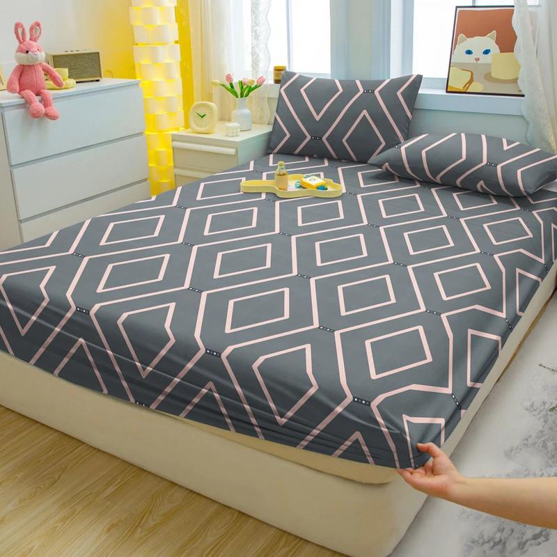 Simple 3-Piece Modern Geometry Pattern Matte Three Piece Fitted Sheet Set, Bedroom Printed Bed Cover Set, Bedding