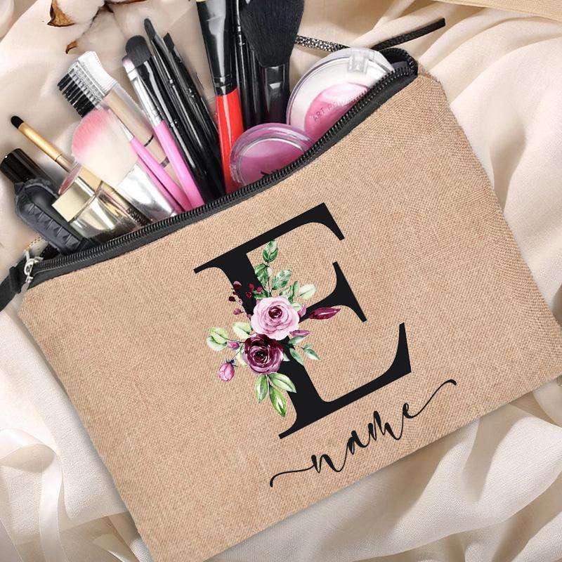 Linen Makeup Bag Customized Personalized Name Cosmetic Bag Bridesmaid Clutch Outdoor Travel Beauty  Bachelor Party Lipstick Bag