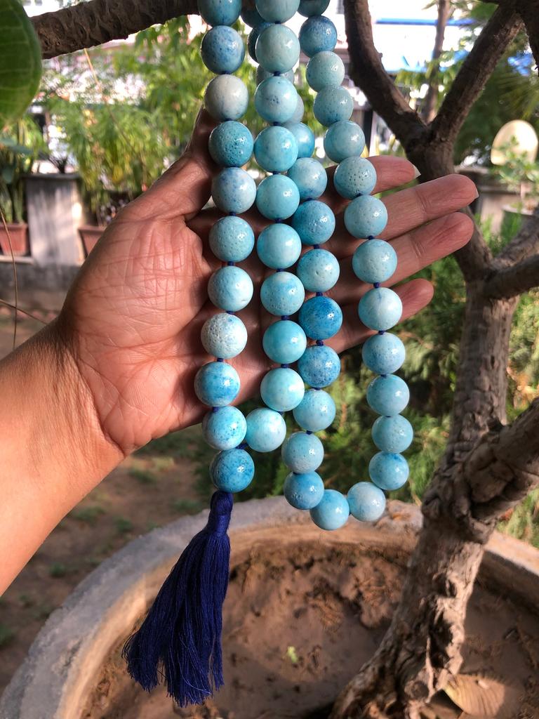 16 mm round 36"+ Created Blue Coral 54+1 Guru Bead Japa Mala, Jaap Rosary, Yoga Prayer Healing Meditation, Healing gemstone