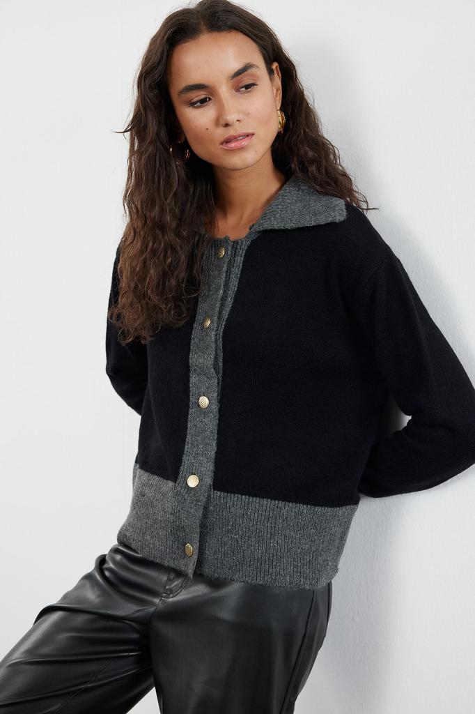 Women's Elegance Style Cardigan Anthracite Soft Textured Color Block Knitwear Cardigan