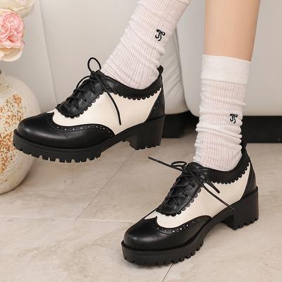 Британский стиль маленькие кожаные туфли весна и осень блочный жгучий цветочный цветная платформа универсальный толстый каблук высокий каблук ретро шнуровка спереди