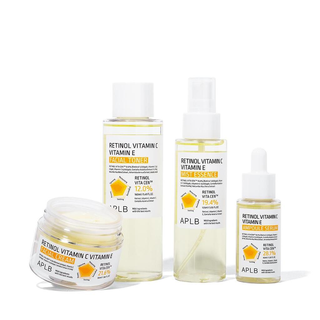 APLB Retinol Vitamin C Vitamin E Set: Facial Cream + Ampoule Serum + Mist Essence + Facial Toner Combined with Centella 3X Complex