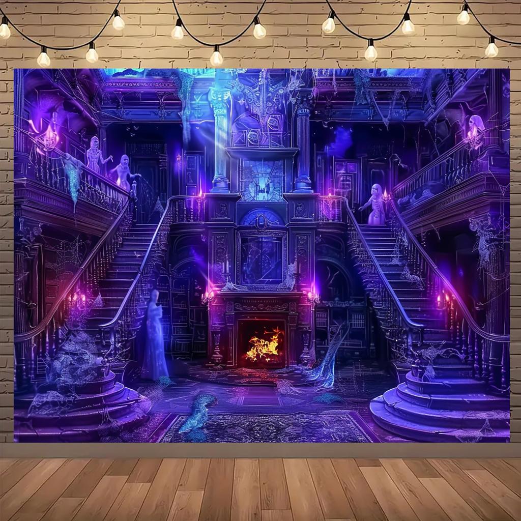 1 piece pack - Ghostly Purple Halloween Ghost House Tapestry - Horror Gothic Mansion Scene.PMJ