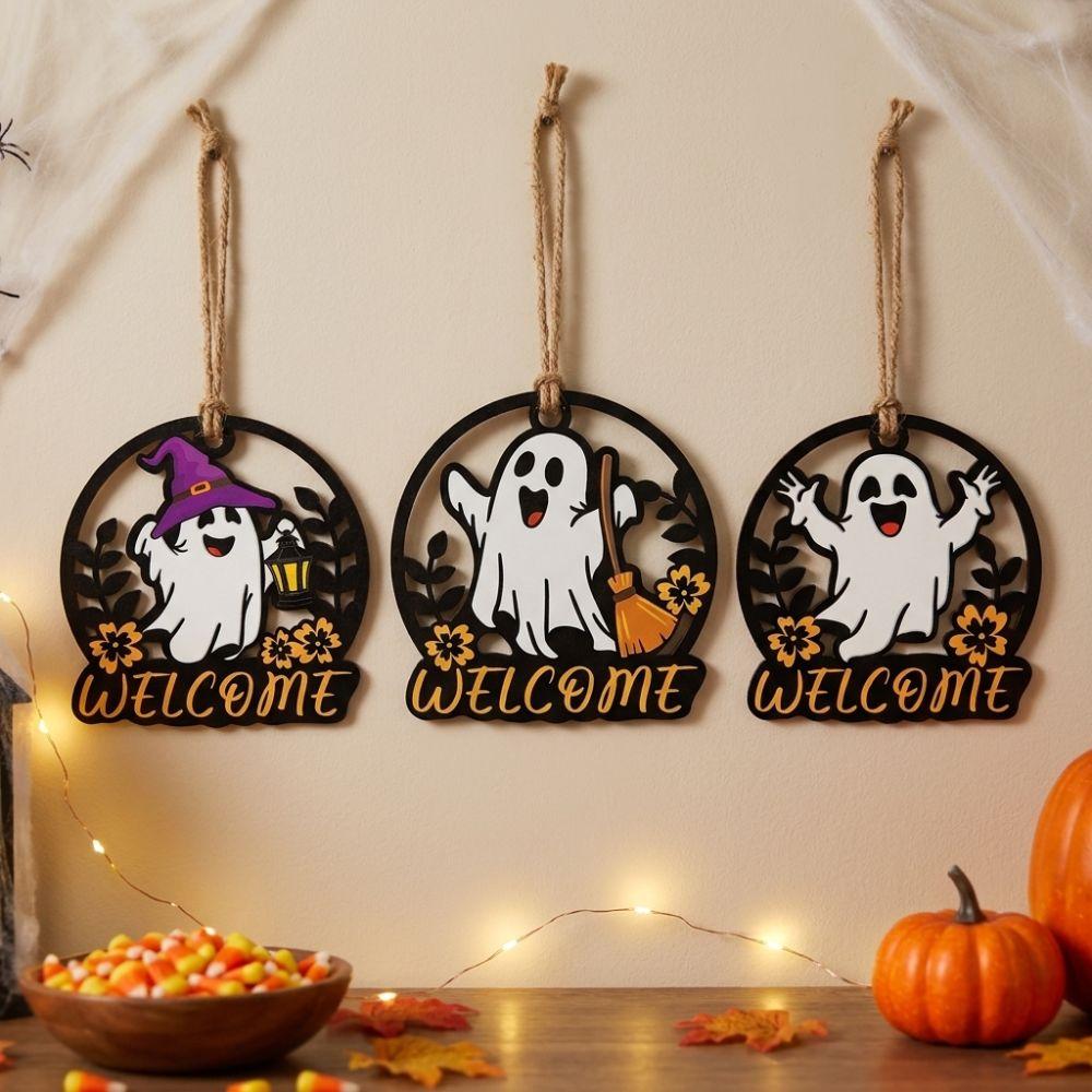 Hollow Out Welcome Wooden Wall Sign Cartoon Halloween Front Door Decor Living Room