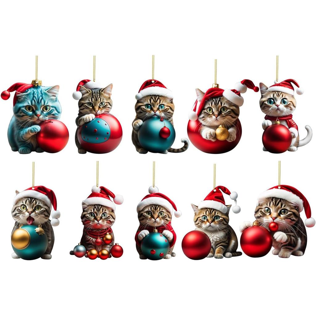 Set of 10 Christmas Tree Cat Pendant 2D Acrylic Christmas Cat Hanging Decoration Funny Christmas Cat Ornament