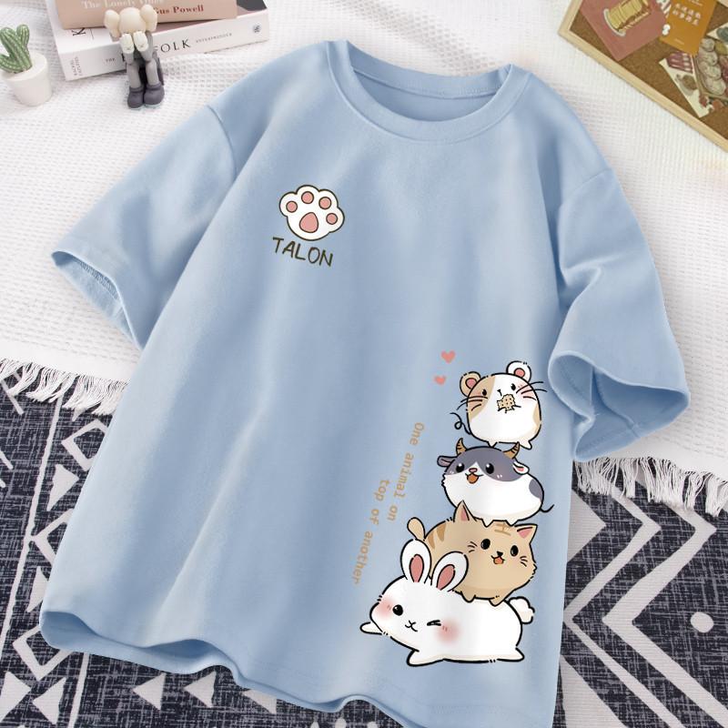 Japanese Cute Hamster Style Sweet Print Daily Wear Short Sleeve T-shirt Women's Loose Casual Teenage Student Half Sleeve Top