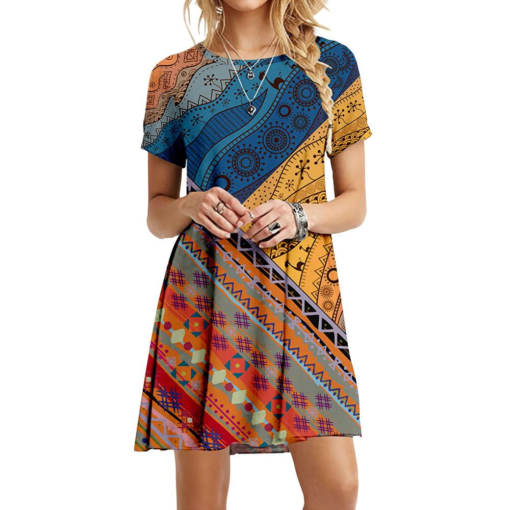 Винтажное женское платье в этническом стиле на лето, свободные платья в стиле ретро с короткими рукавами, повседневное женское платье большого размера с принтом