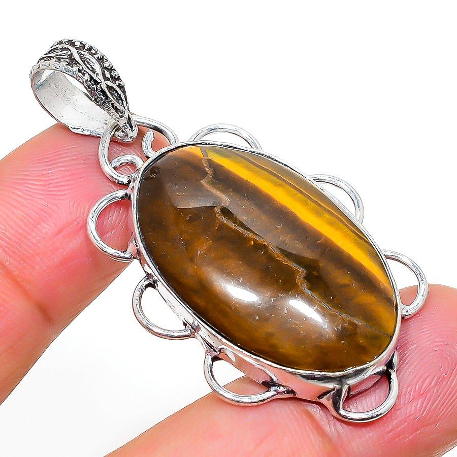 Tiger Eye Handmade 925 Sterling Silver Jewelry Pendant 1.97" Y7b69