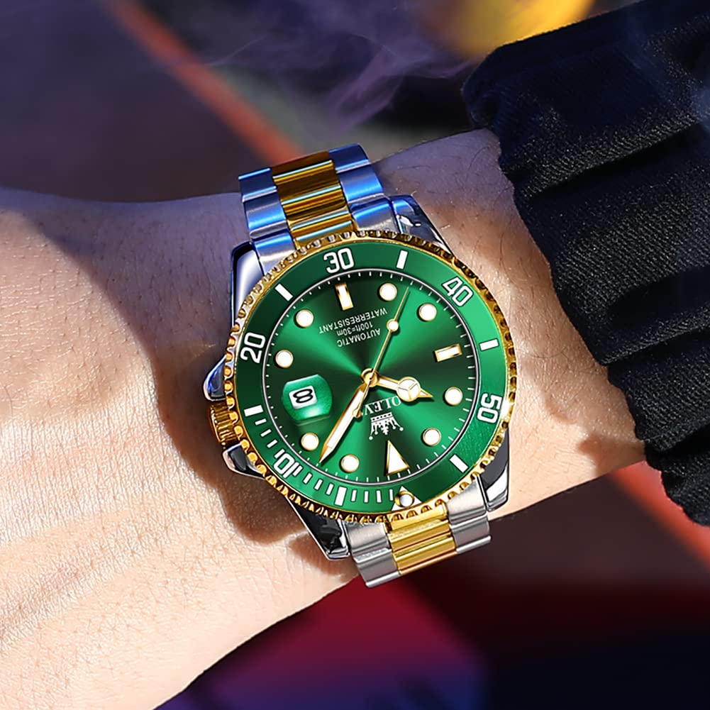 OLEVS механические часы с автоматическим ручным заводом наручные часы водонепроницаемые светящиеся дата нержавеющая сталь наручные часы для мужчин зеленые мужские