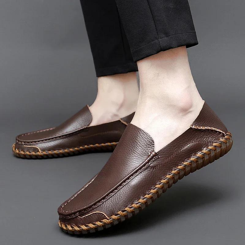 Handmade Men's Slip-Ons Leather Loafers for Casual Fashionable Comfortable Waterproof Walking Travel Suitable For All Seasons