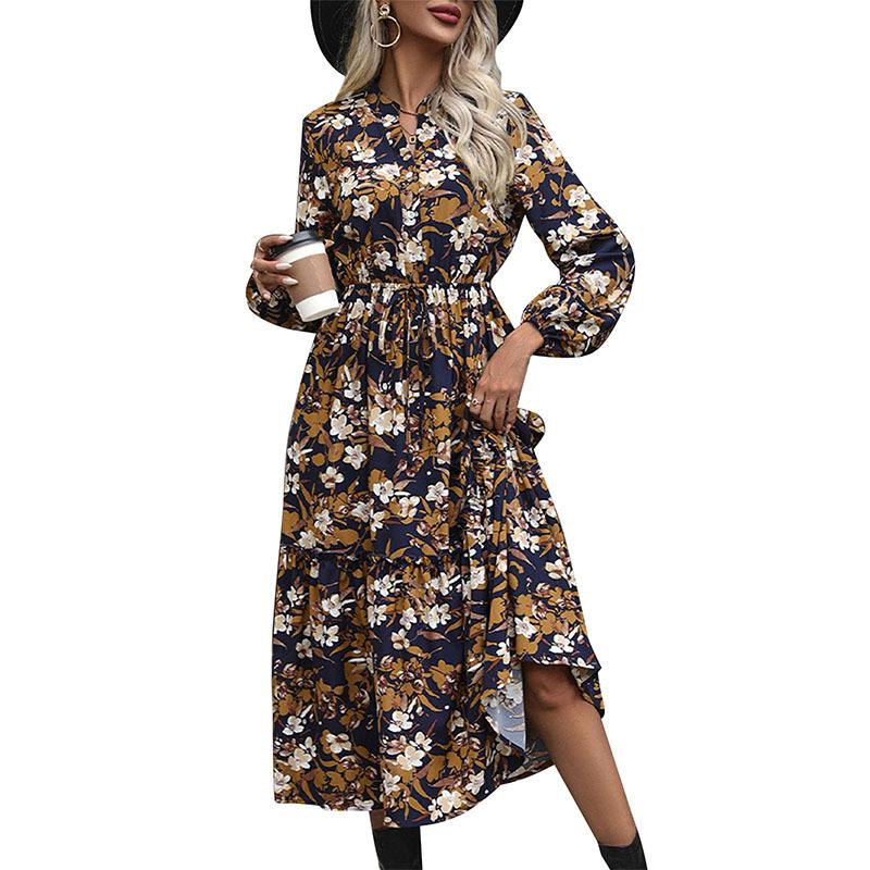 Autumn Women's Retro Printed Dress Temperament Elegant V-Neck Dress