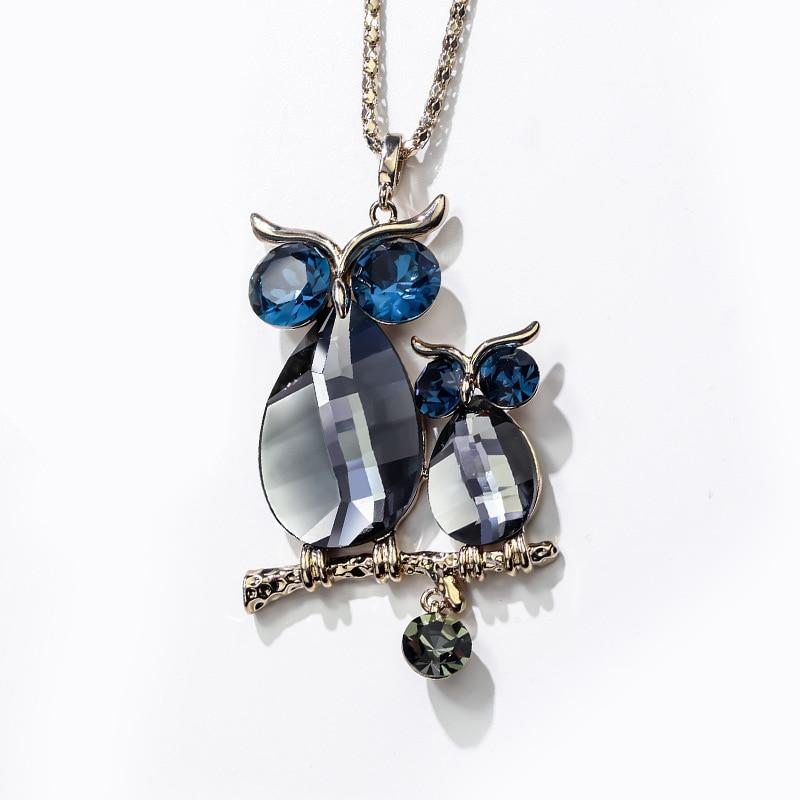 New Crystal Double Owl Long Pendant Necklace Women Fashion Sweater Necklaces Jewelry Accessories