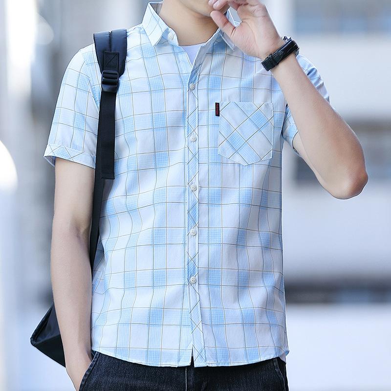 Новая летняя мужская рубашка с короткими рукавами и карманами, трендовая повседневная рубашка без железа, мужская клетчатая рубашка в дюйм, прилив