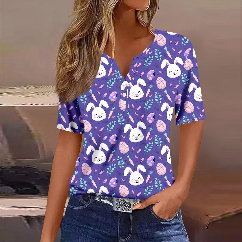 Women's Casual Print V-Neck Short Sleeve Decorative Button T-Shirt Top