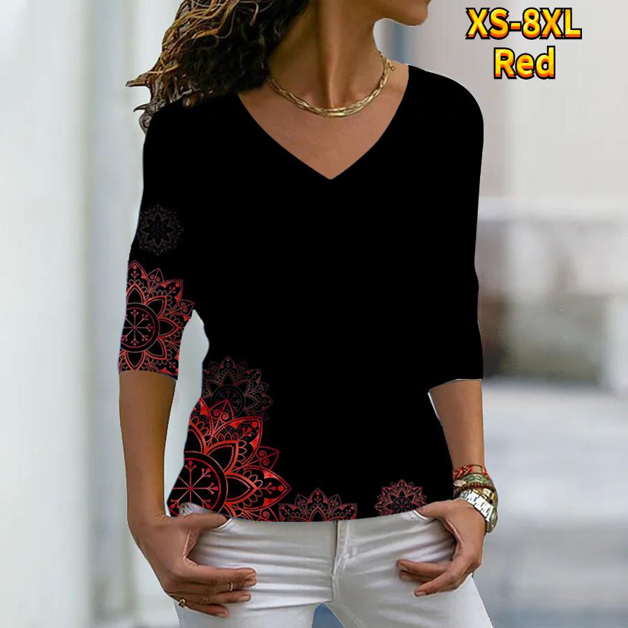 Женские осенние футболки с длинными рукавами с цветочным симметричным принтом подсолнечника, свободные футболки с v-образным вырезом размера плюс, топы, удобная блузка