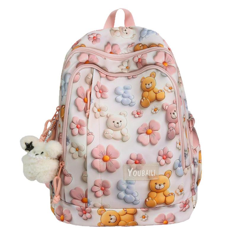 Cute Flower Rabbit Panda Cat Pattern Student Backpack With Pendant For Teens And Adults