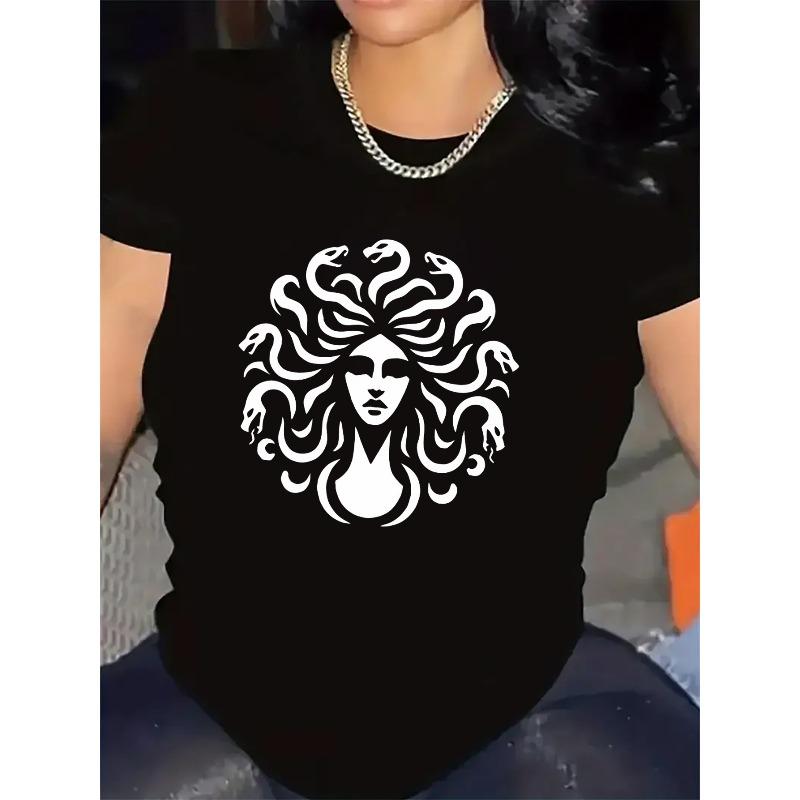 Women's Medusa Print Short Sleeve T-Shirt, Polyester, Lightweight Comfort Casual Top For Home Daily Outdoor
