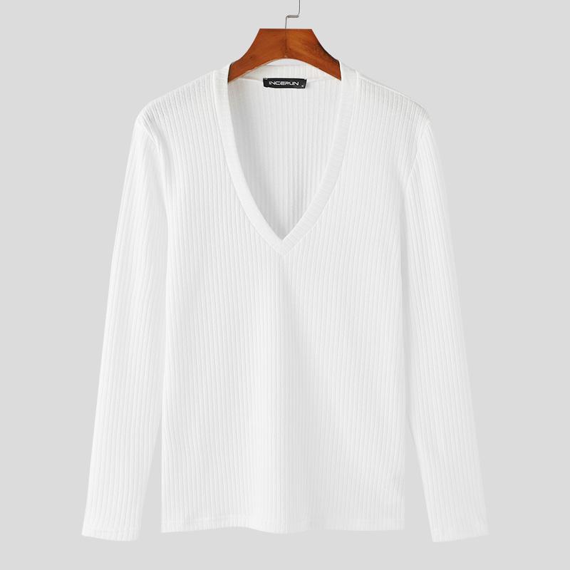 INCERUN Men V Necl Solid Color Long Sleeve Knitted Tops Muscle Fitted Pullovers