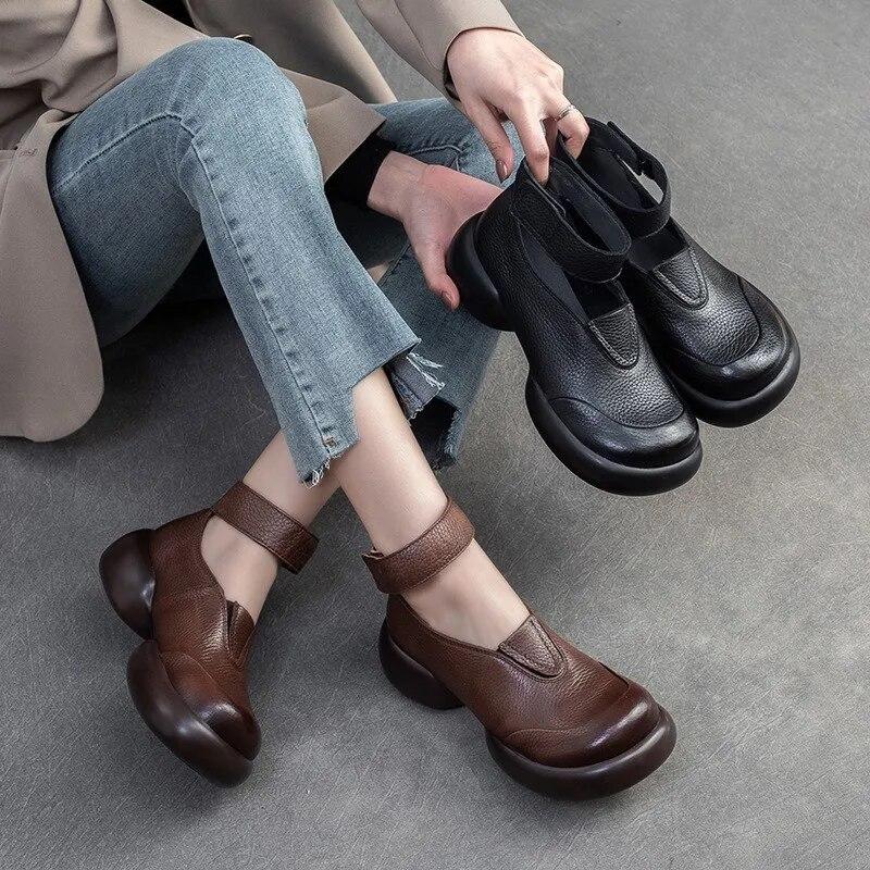 Genuine Leather Round Toe Thick Sole Pumps Casual Comfortable Hook & Loop Women's Shoes