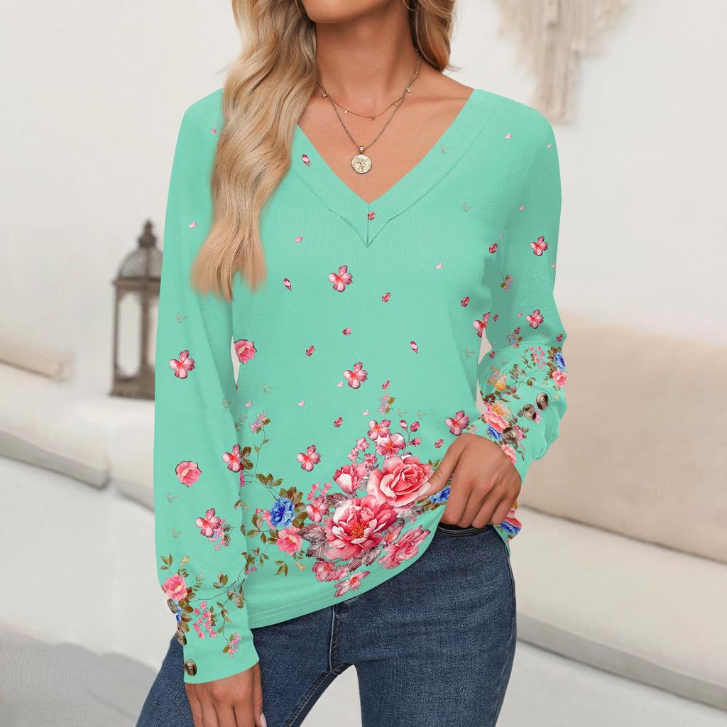 Women's Tops Floral Print Long Sleeve Shirt V Neck Casual Loose Tee Autumn Clothing