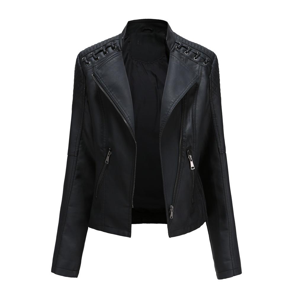 VAYLA Women Fashion Lace-up Leather Jacket Slim Fit Spring Autumn Motorcycle Jacket Zipper Jacket