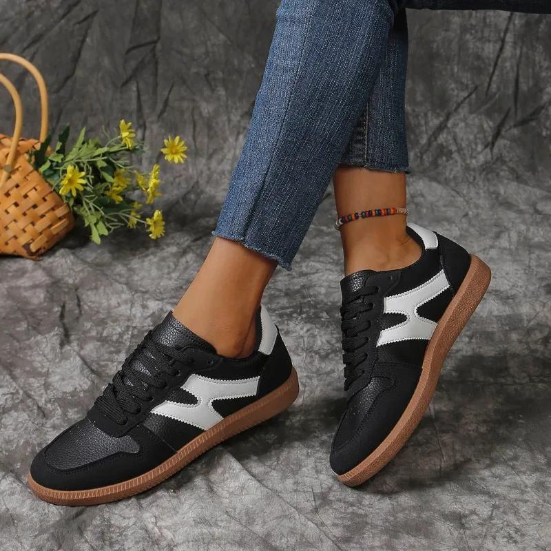 2024 New Fashion Color Matching Round Toe Sneakers Women's Vulcanized Shoes Lace-Up Shallow Mouth Comfortable Women's Shoes